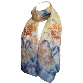 Hand painted silk scarf - Flowers p blue